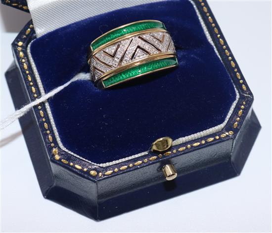 9ct gold diamond and green enamel ring